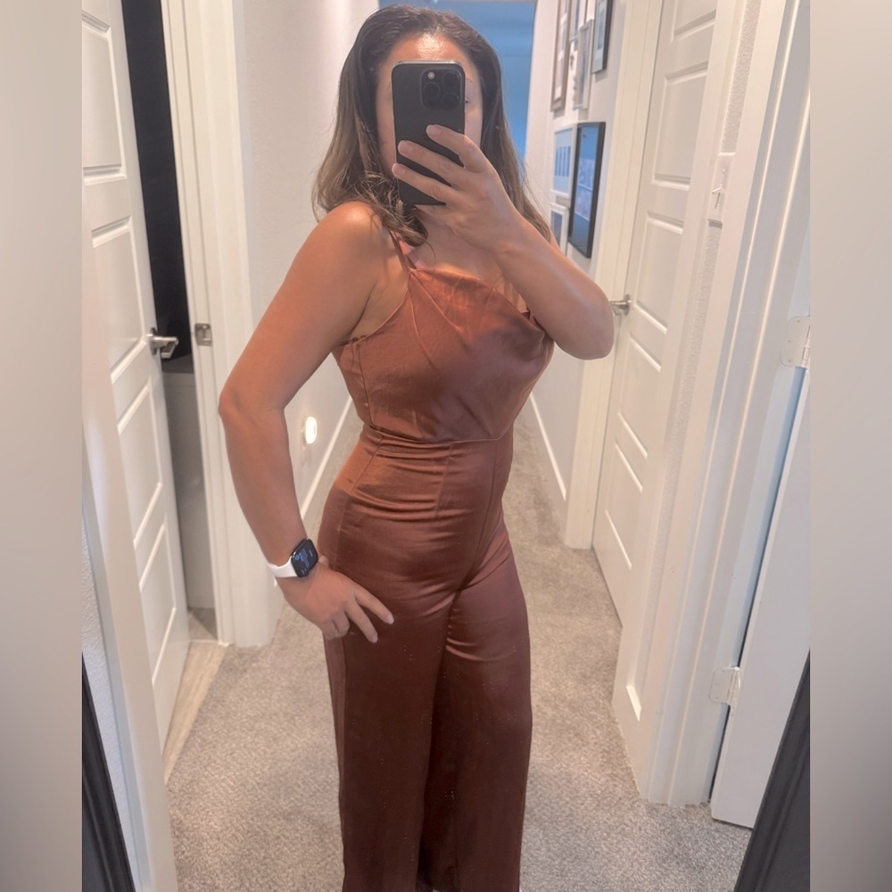 Lush Cognac Sleek Brown Satin Like Spaghetti Strap Jumpsuit- Size Small